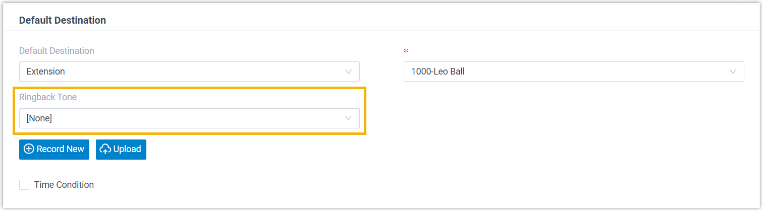 Ringback tone option on an inbound route's default destination settings