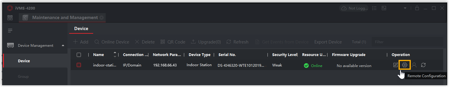 The Device list in iVMS-4200 with the remote configuration control highlighted next to the indoor station