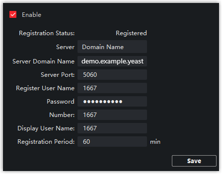 SIP Server Configuration form with the server domain, port, and extension credentials filled in