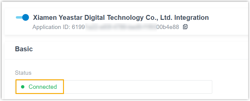 Cloud Voice, integration page showing a Connected status after the link is established