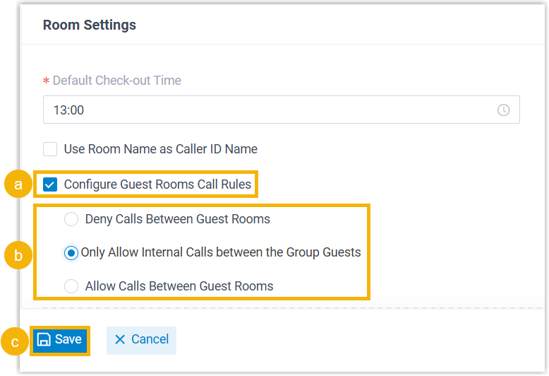 Room Settings section with the guest room call rule options