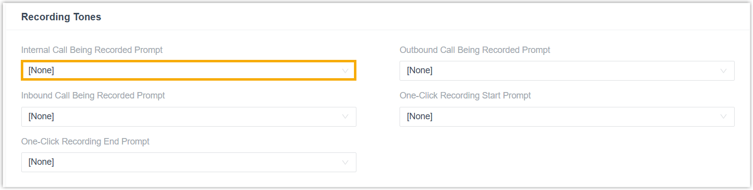 The Recording Tones section with the internal call prompt selected