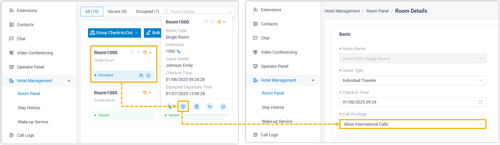 Granting international calling permission from an occupied room's page