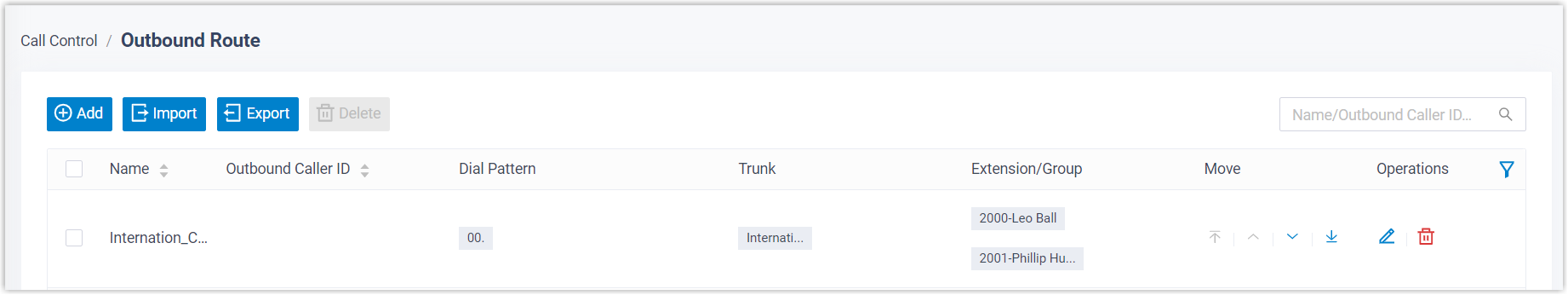An outbound route that handles the international dialing code
