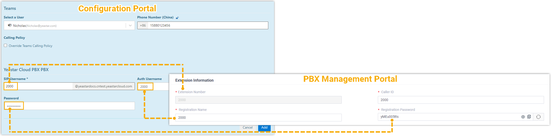 User association form linking a Teams user to a SIP extension