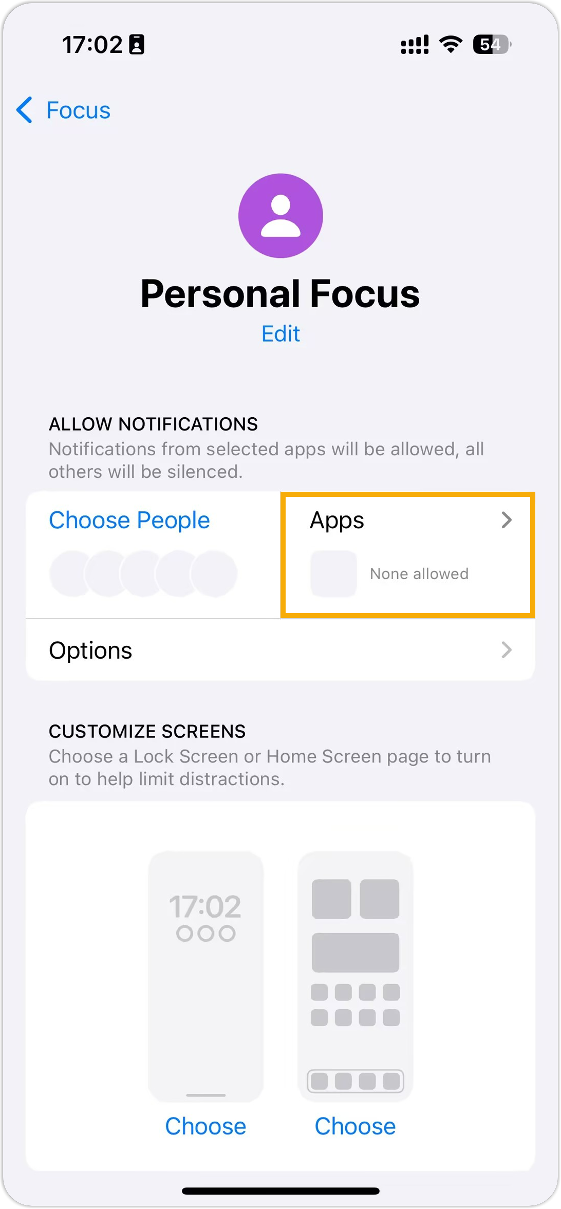 iOS Focus settings with the Apps pane selected