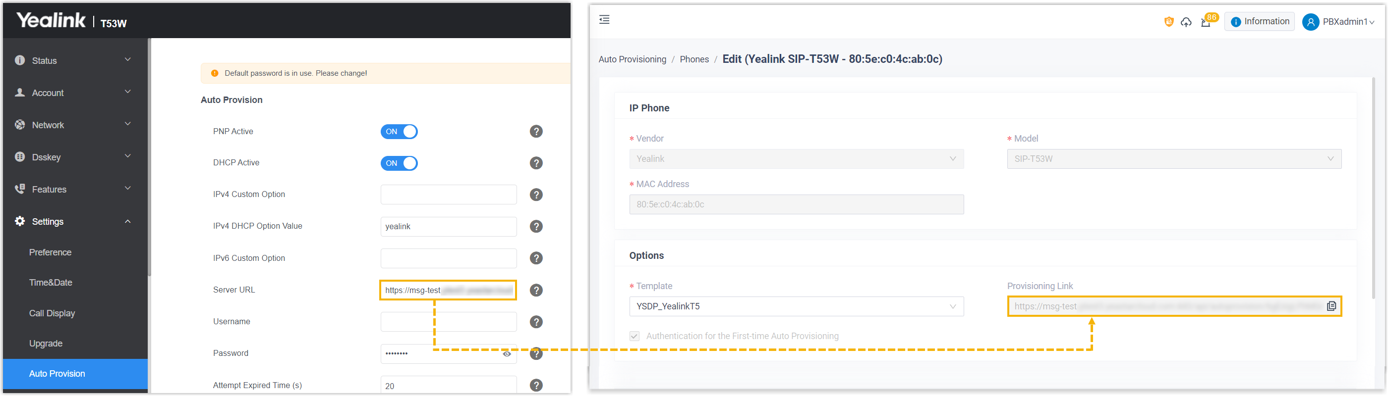 Provisioning server URL field on the IP phone's configuration page