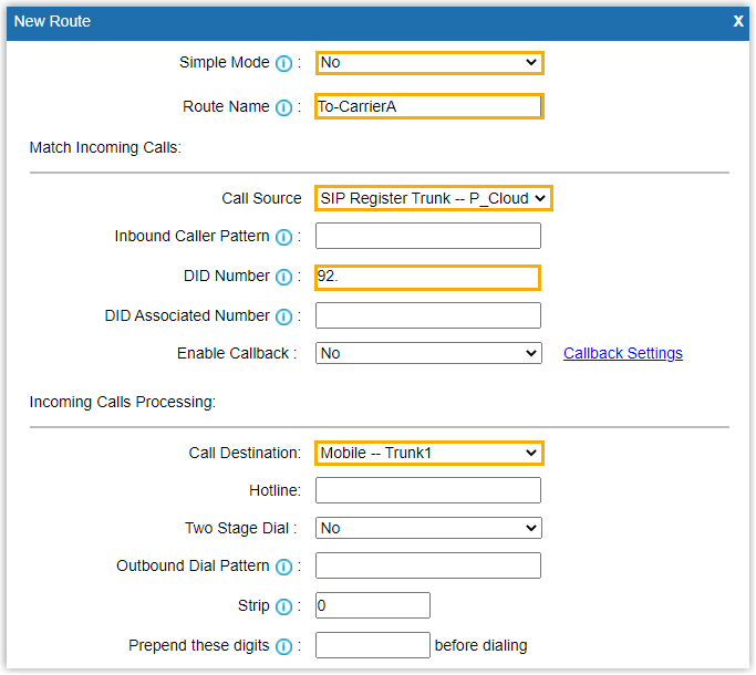 IP to Mobile route matching the 92 prefix and sending calls out 4G trunk 1