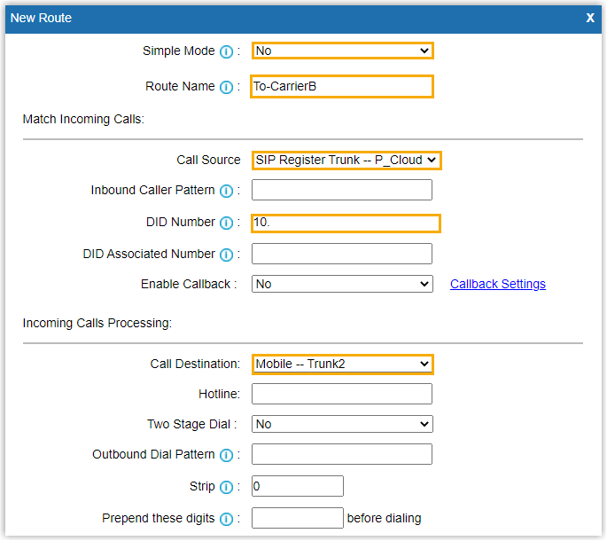 IP to Mobile route matching the 10 prefix and sending calls out 4G trunk 2