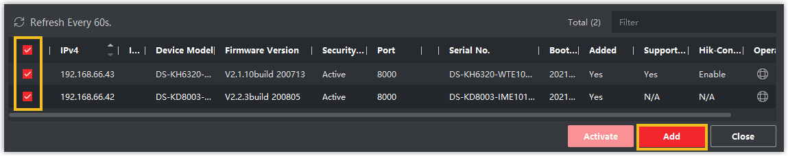 Selecting multiple activated Hikvision devices to add them at once