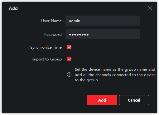Add-device dialog with user name, password, and group options