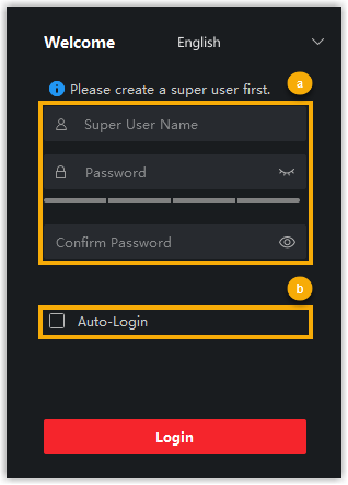 iVMS-4200 sign-up screen with fields for a new super user name and password