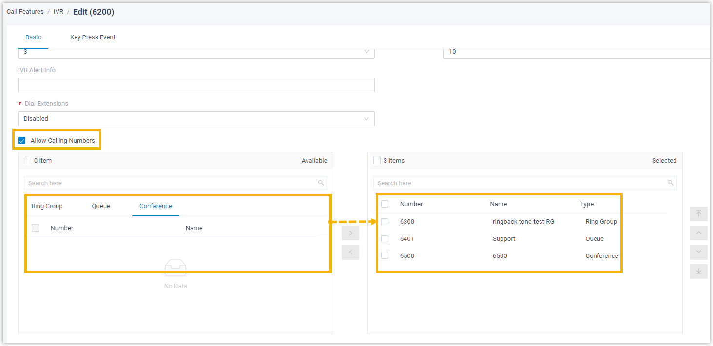 IVR settings with the Allow Calling Numbers option enabled and destinations moved to the Selected list