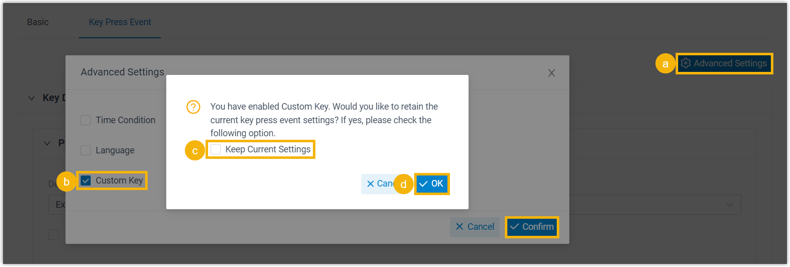 The Key Press Event tab with the Advanced Settings control in the top-right corner
