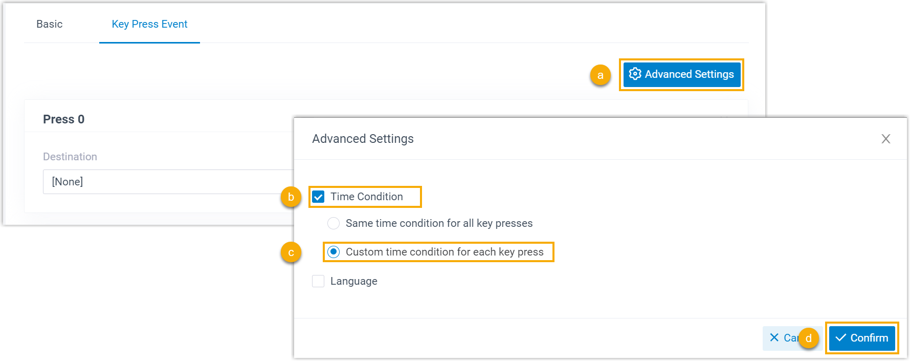 Per-key time condition option enabled in Advanced Settings