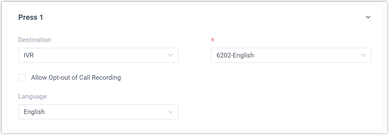 Key press row showing a destination and a system prompt language assigned to a single digit