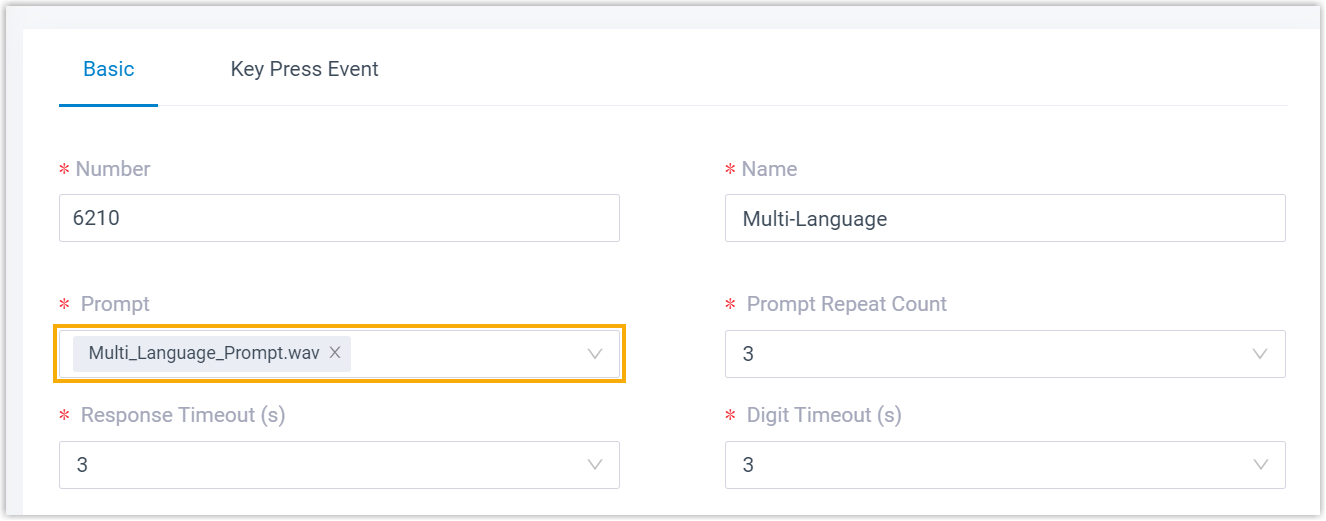 IVR Basic tab with the Prompt drop-down open for choosing a greeting
