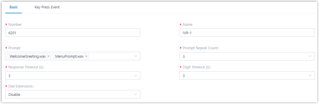 Basic tab of the IVR editor with the number and greeting configured