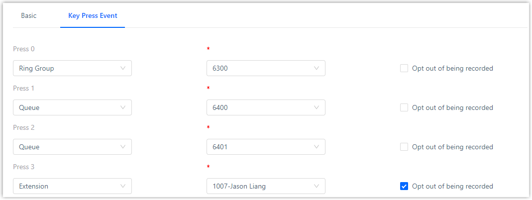 Key Press Event tab mapping each menu key to a destination