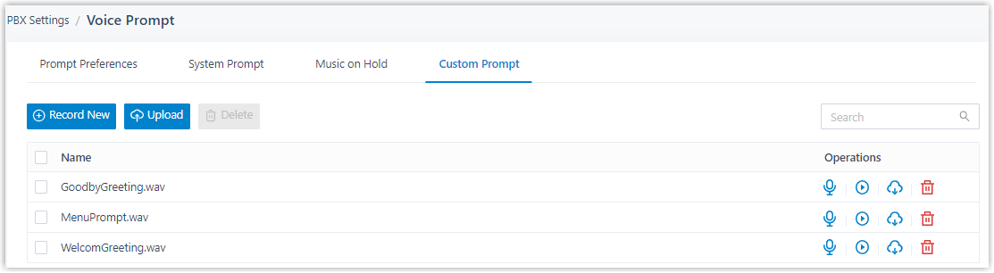 Custom Prompts page with audio files being uploaded