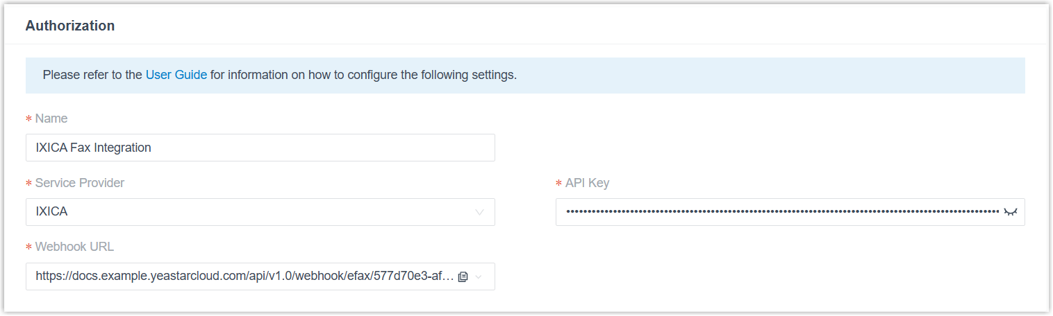 Cloud Voice, the Authorization fields for the IXICA integration