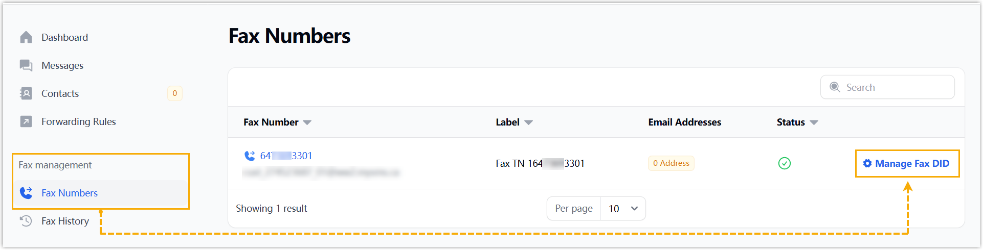 The Manage Fax DID link beside a fax number in IXICA fax management