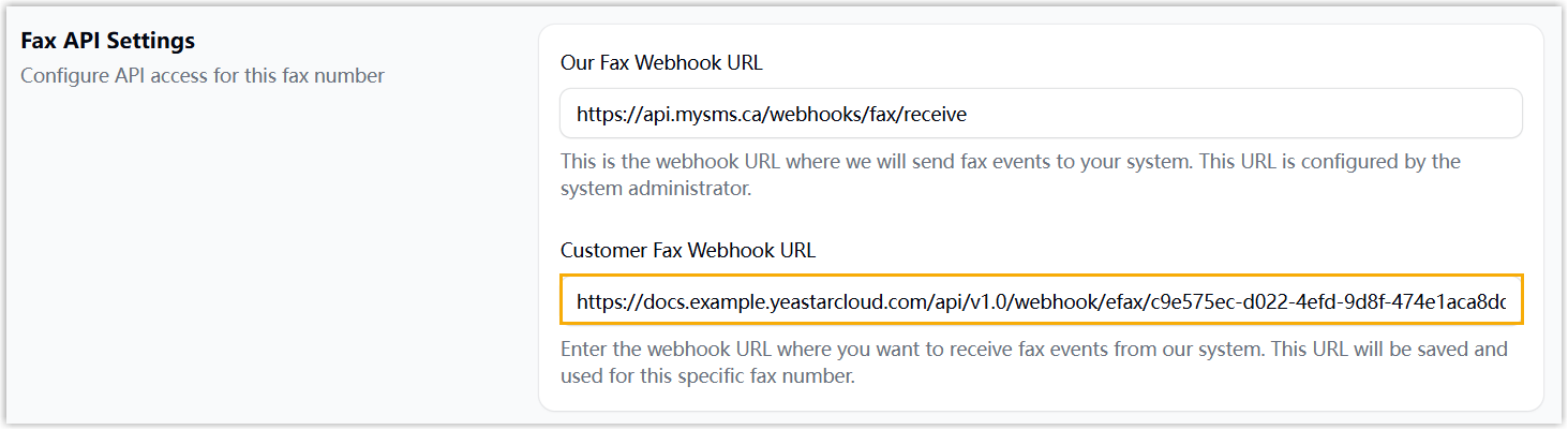 Cloud Voice, the webhook URL entered in the Customer Fax Webhook URL field on IXICA