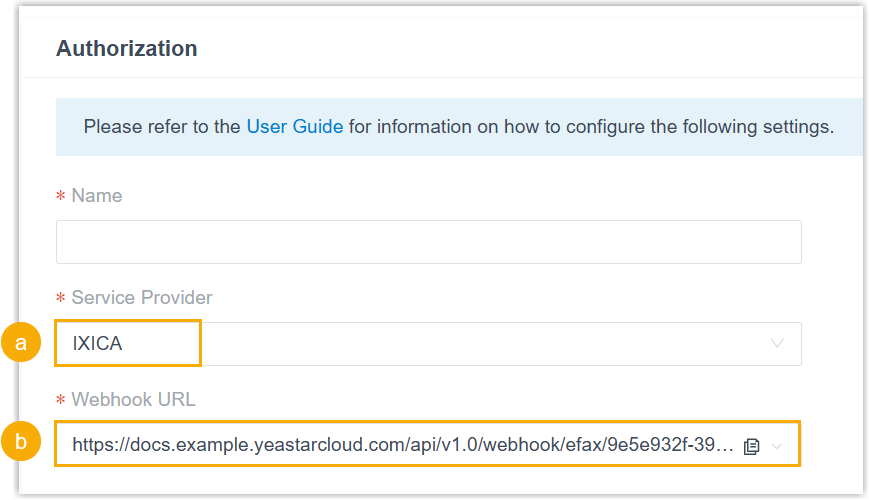 Cloud Voice, selecting IXICA and copying the generated webhook URL