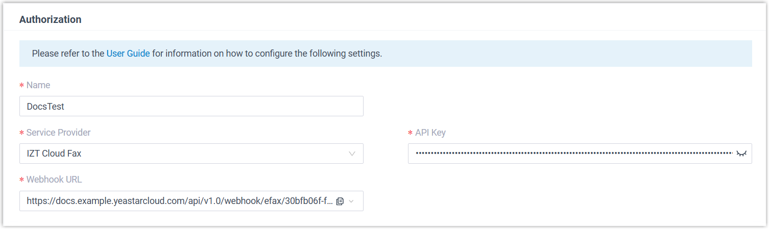 Cloud Voice, the Authorization section of the fax integration form