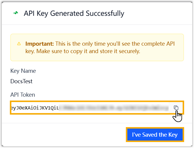 The generated API key with a copy control and confirmation button