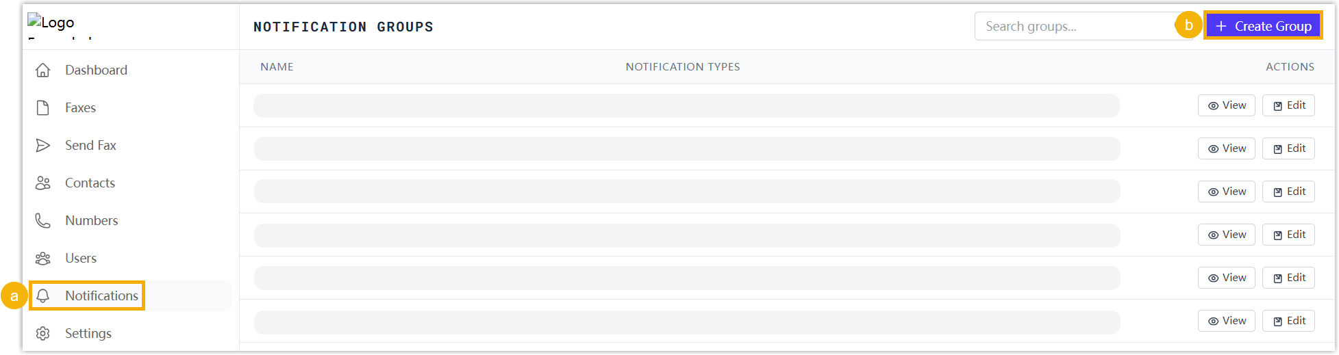 The Notifications area with the Create Group button
