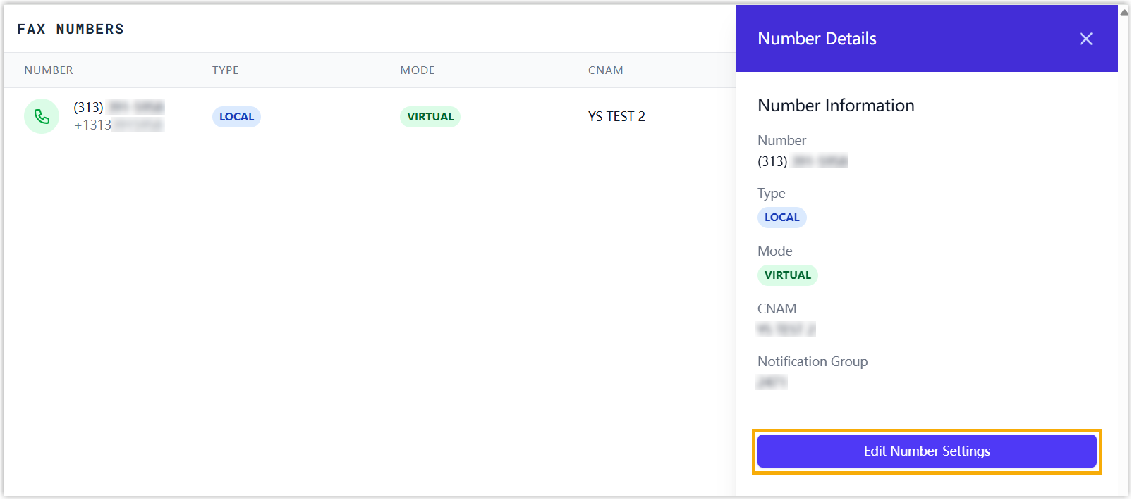 The number's side panel with the Edit Number Settings button