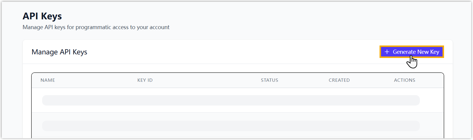 The Generate New Key button on the API key management page