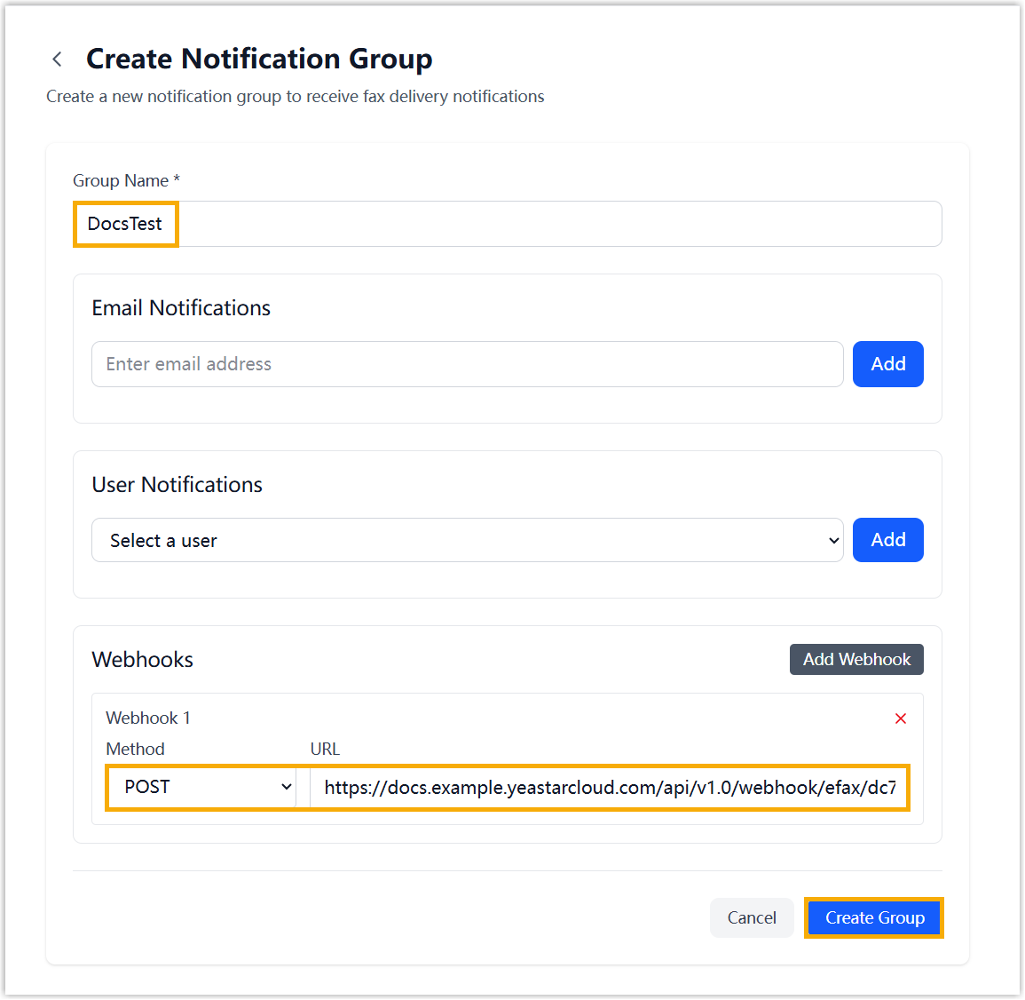 Cloud Voice, the notification group form with a webhook entry