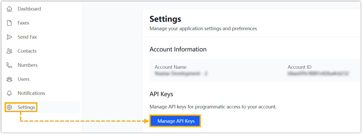 The API Keys settings page with the Manage API Keys button