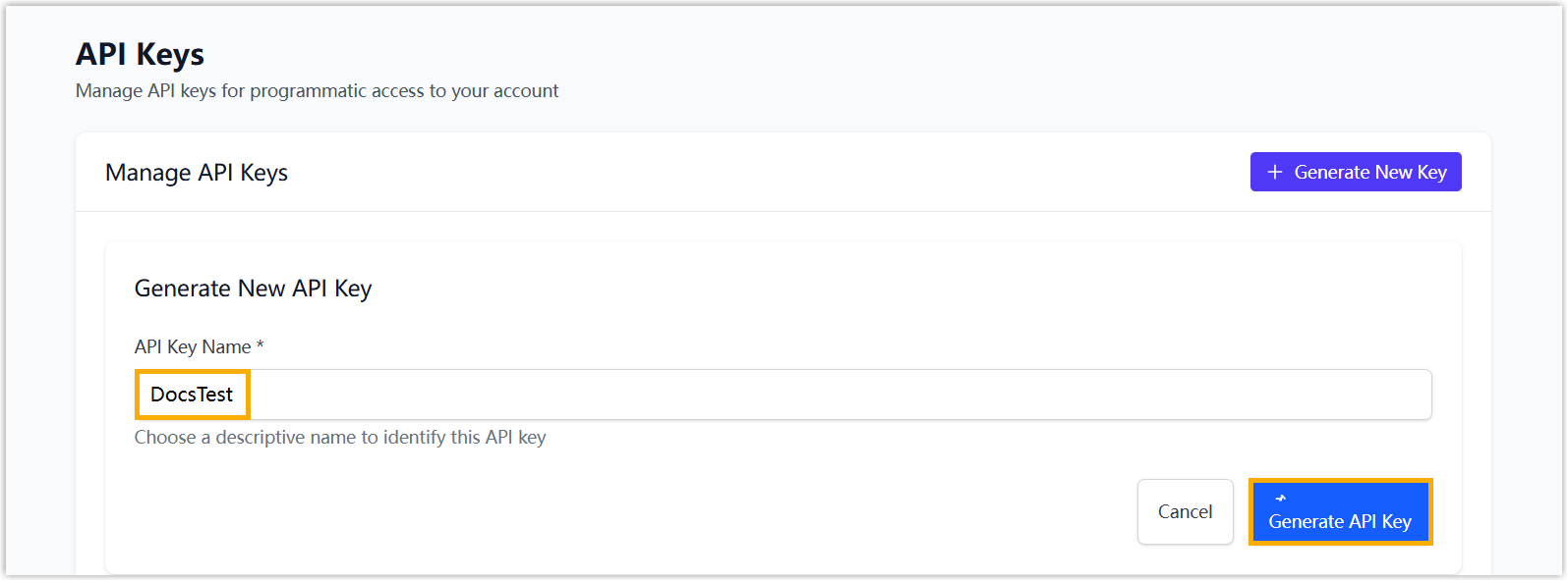 Naming the new API key before generating it