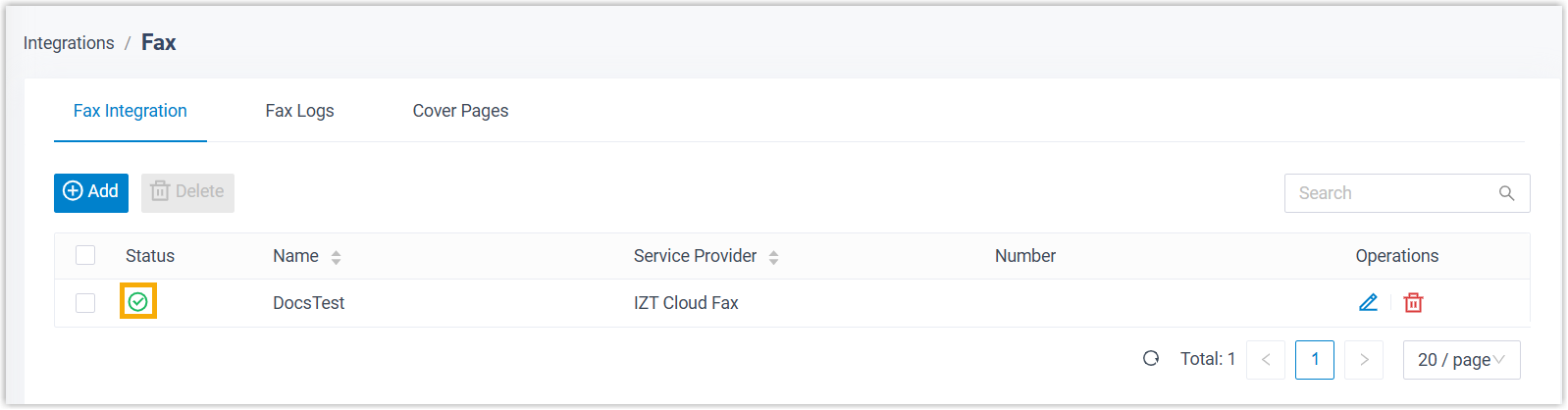 The fax integration listed with a successful status