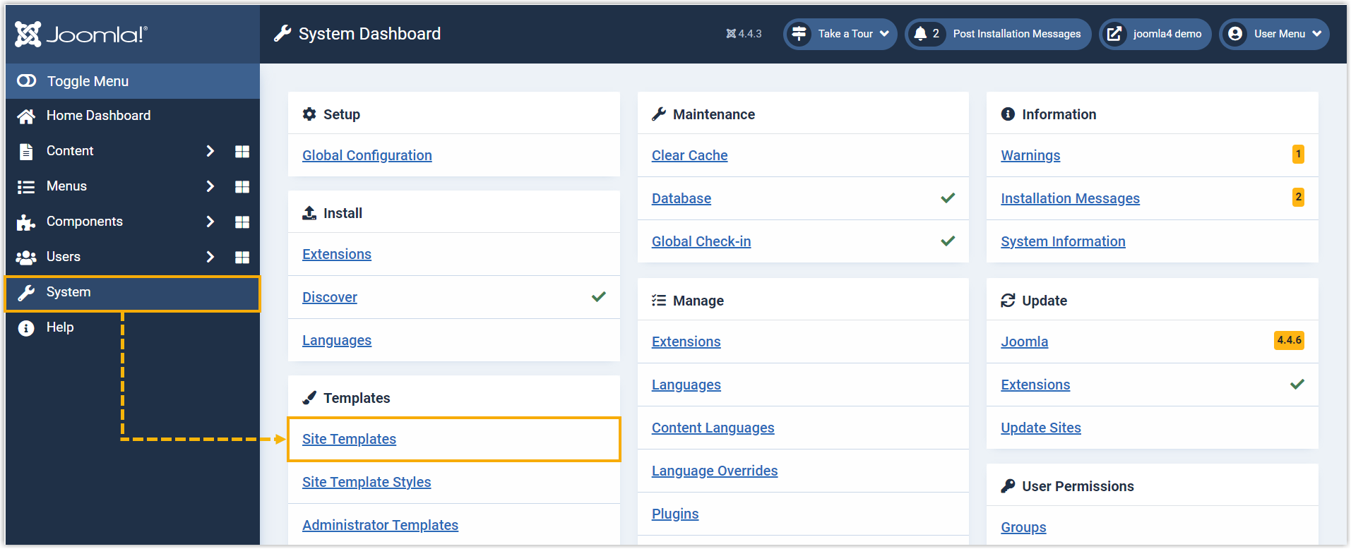 Joomla administrator menu with System and Site Templates highlighted