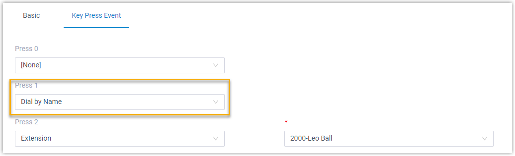The Key Press Event tab with a key set to Dial by Name