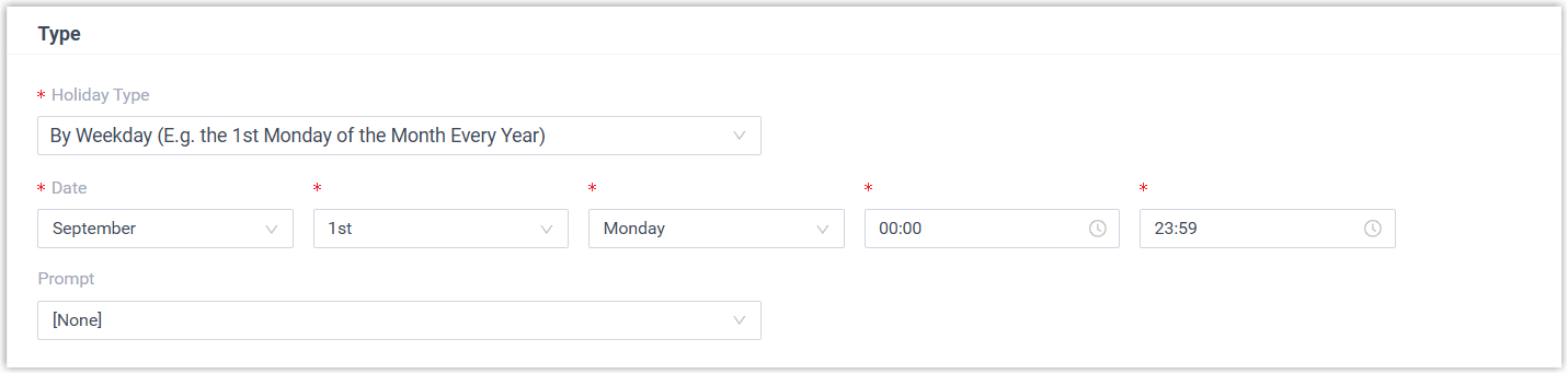 Holiday configured by a specific weekday of a month