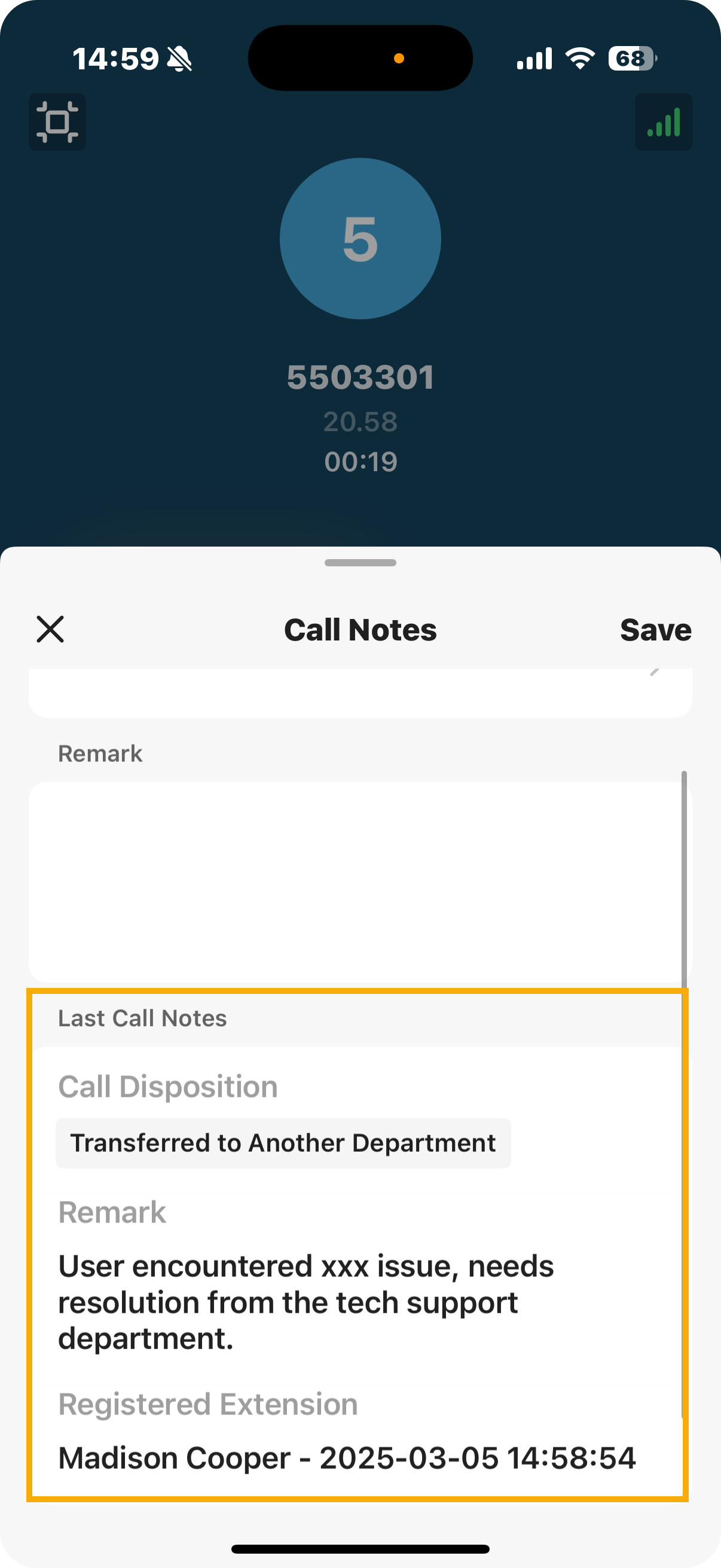 A transferred call showing the previous agent's note to the new recipient
