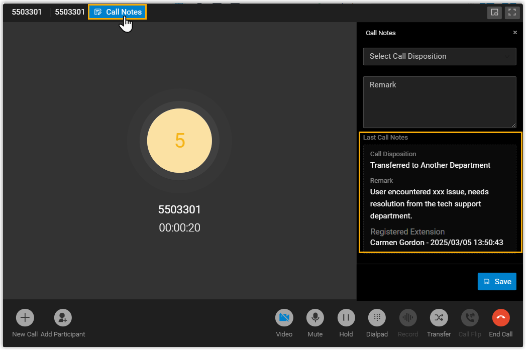 A transferred call showing the previously saved note