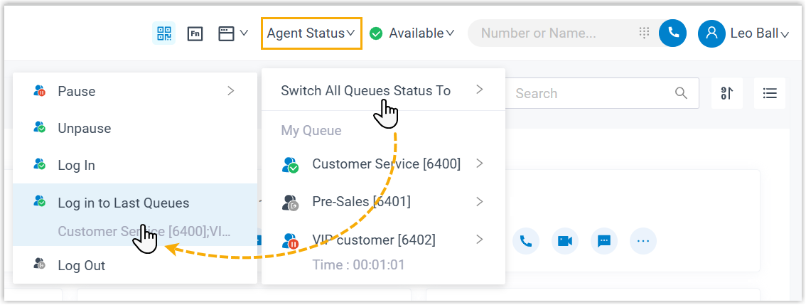 The Agent Status menu option to rejoin previously logged-in queues