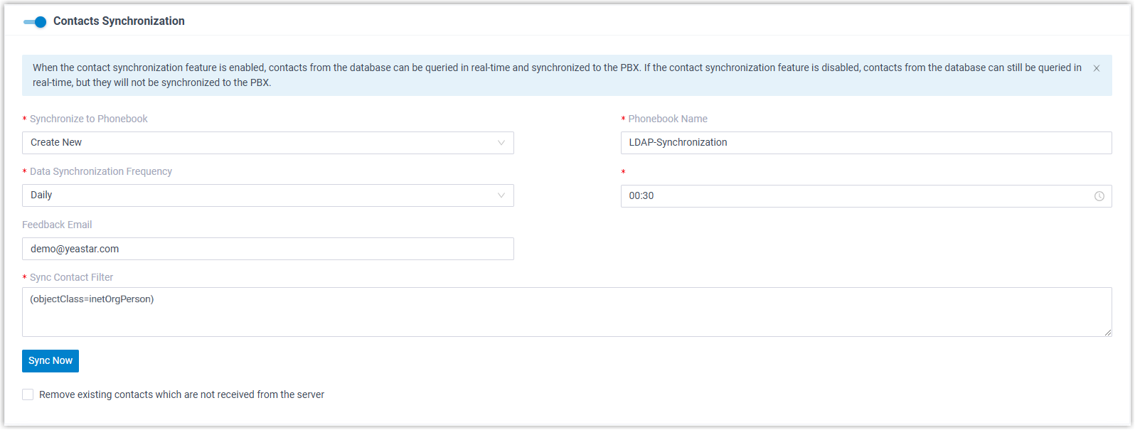 Cloud Voice, contact synchronization settings with the Contacts Synchronization toggle enabled