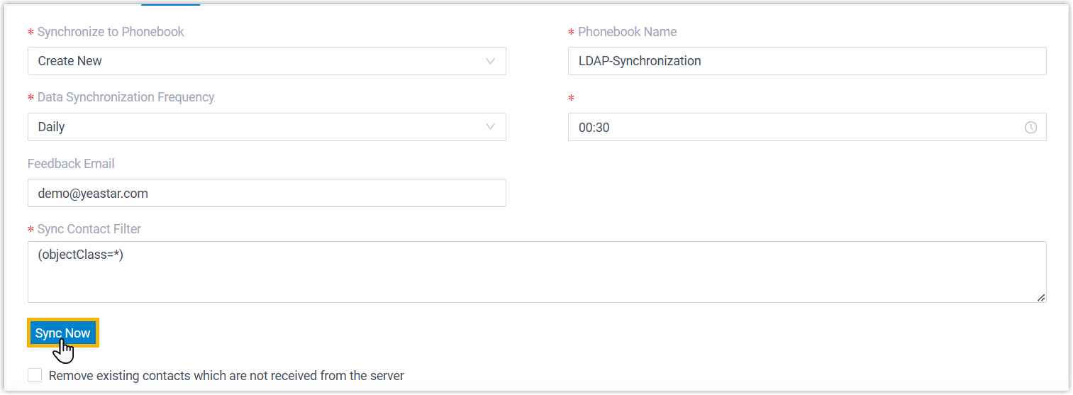 Cloud Voice, Sync Now button that triggers an immediate contact synchronization