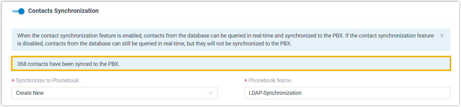 Notification banner reporting the number of contacts synchronized