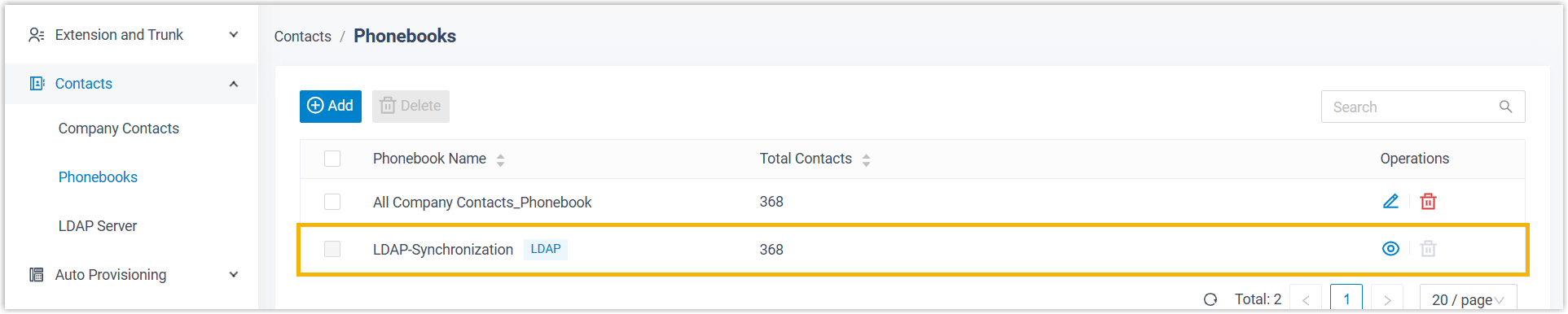 Company contacts imported from LDAP, each marked with an LDAP tag