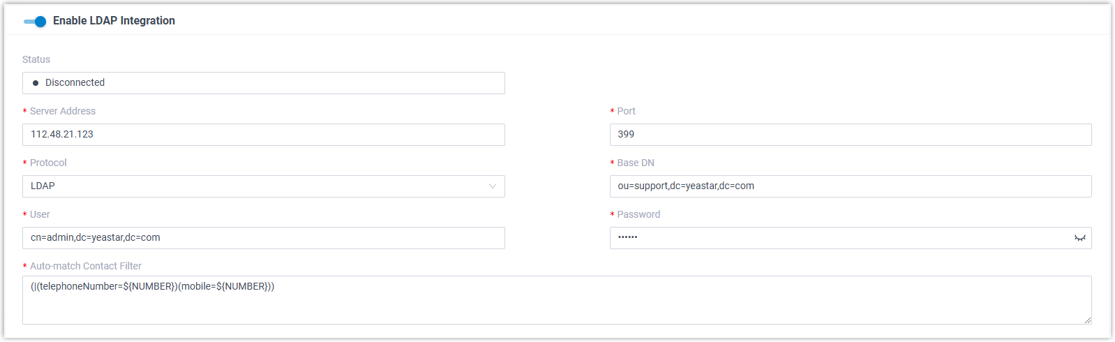 LDAP integration form with the enable toggle turned on