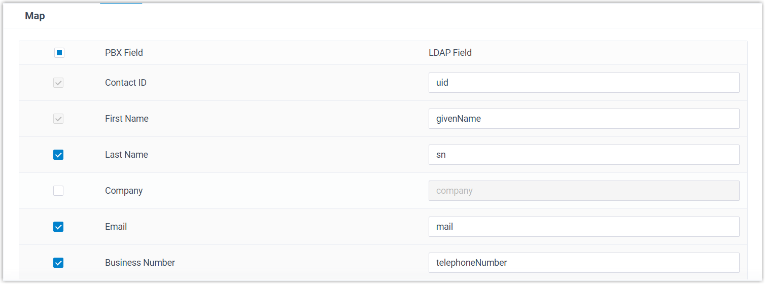 Mapping options for synchronizing LDAP contacts into the PBX