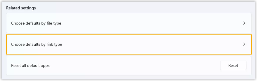 The Choose defaults by link type option listed under Related settings in Windows 11 Default apps